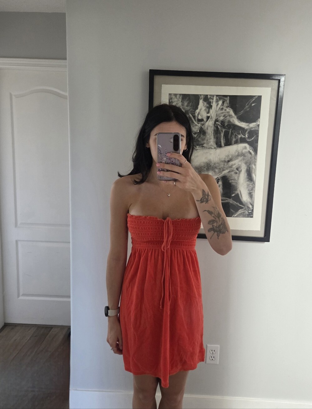 Women’s Strapless Red Smocked Sundress with Tie Front